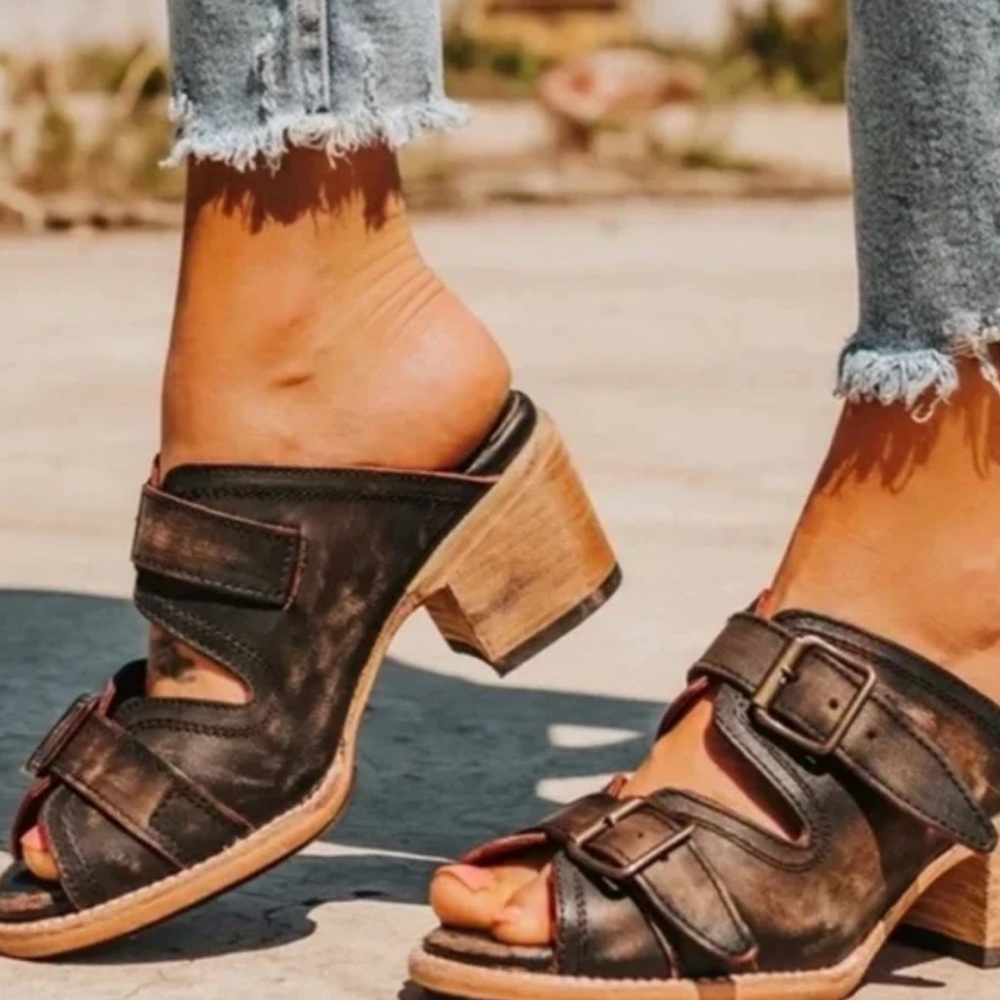 FREEBIRD By Steven CAPRICE Leather Western Slide Heels Boho Mule Sandals 9 Brown